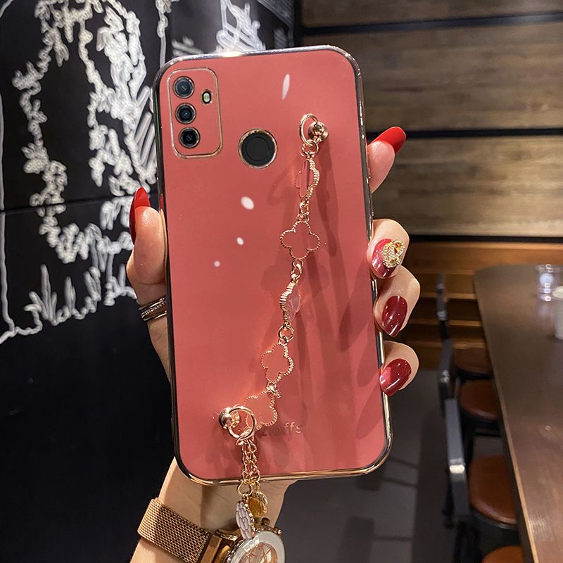 For OPPO A53 2020 Back Cover with Lucky Clover Wristband Chain Fashion Bracelet Shiny Plating Square Edge Bumper Phone Case Soft Silicone Bumper Protective Cover