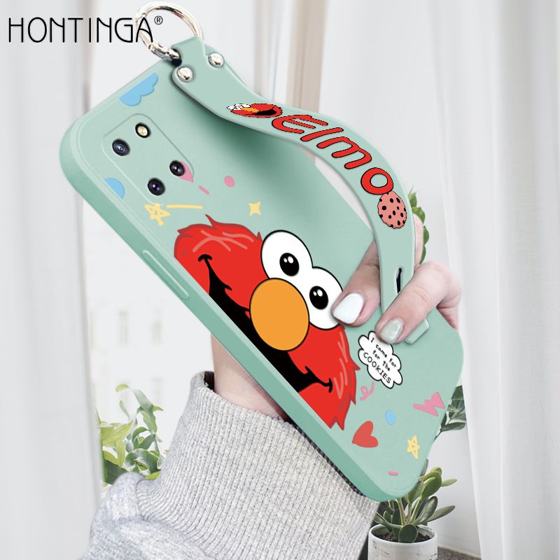 Hontinga for Samsung Galaxy M60S Wrist Strap Case Cute Cute Cartoon Little Monster Phone Cover Square Edge Liquid Silicone Case Full Cover Camera Shockproof Protective Cases