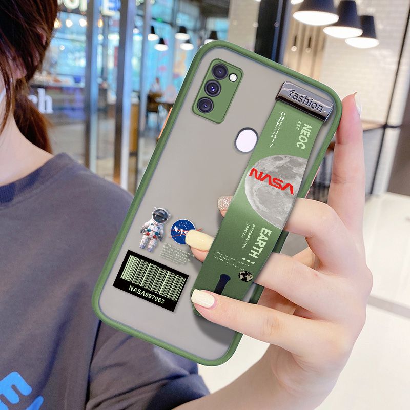 UCUC for Samsung Galaxy M30S Wrist Strap Case Creative Cartoon Astronaut Wristband Printing Cover Shockproof Frosted Phone Case