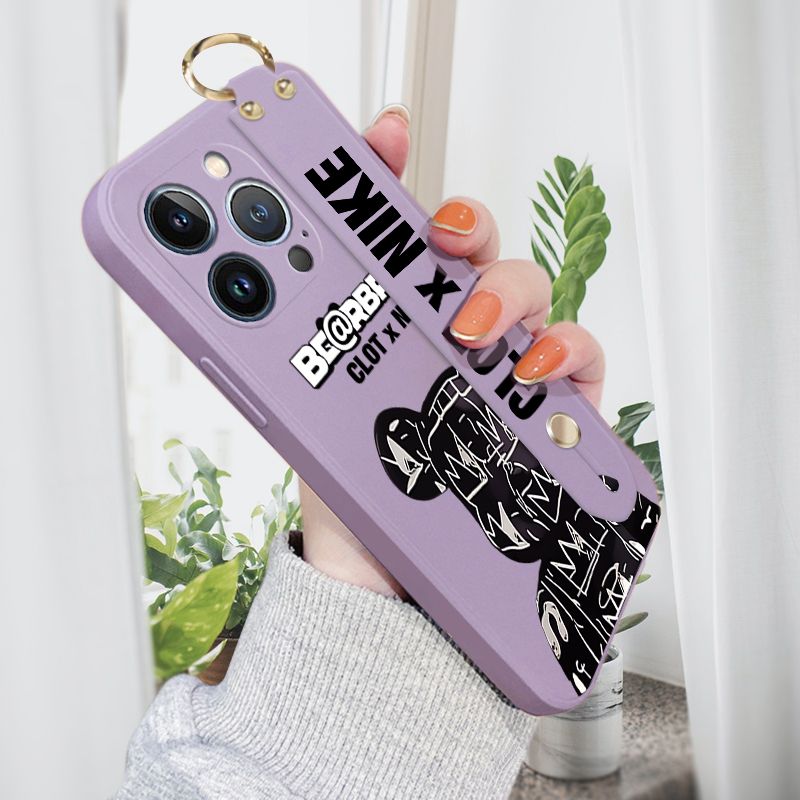 Jizetin for iPhone 13 Pro Wrist Strap Case Creative Cartoon Black Stitching Bear Cover Ultra Thin Anti Fall Liquid Silicone Phone Case
