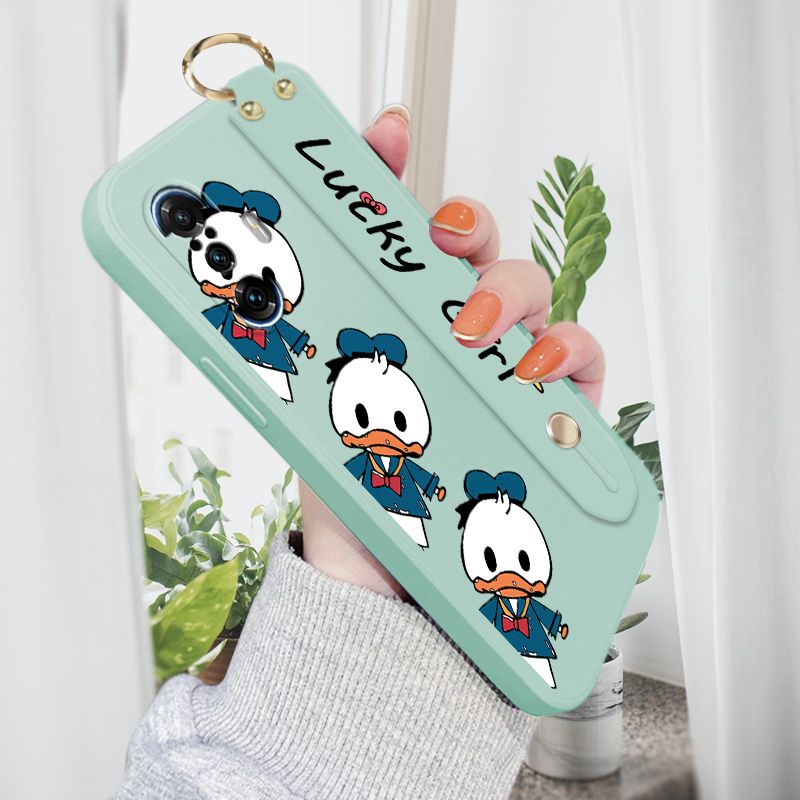 ZeroQiQi for Xiaomi Redmi K40 Gaming Wrist Strap Case Cute Cartoon Little Duck Phone Case Square Edge Liquid Silicone Case Full Cover Camera Shockproof Protective Cases