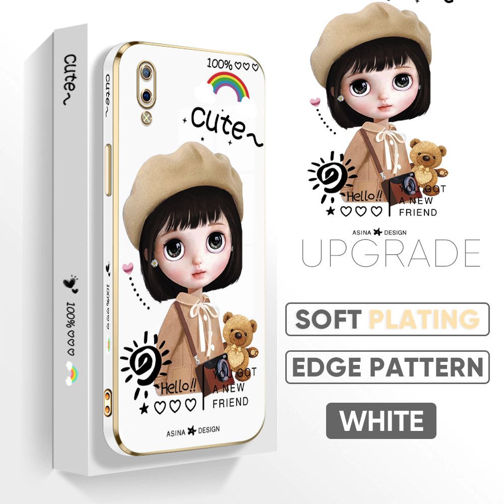 TA for Vivo Y93 Back Cover + Free Lanyard Satchel Girl Luxury 6D Plating Case Side Pattern Soft Silicone Square Phone Cases