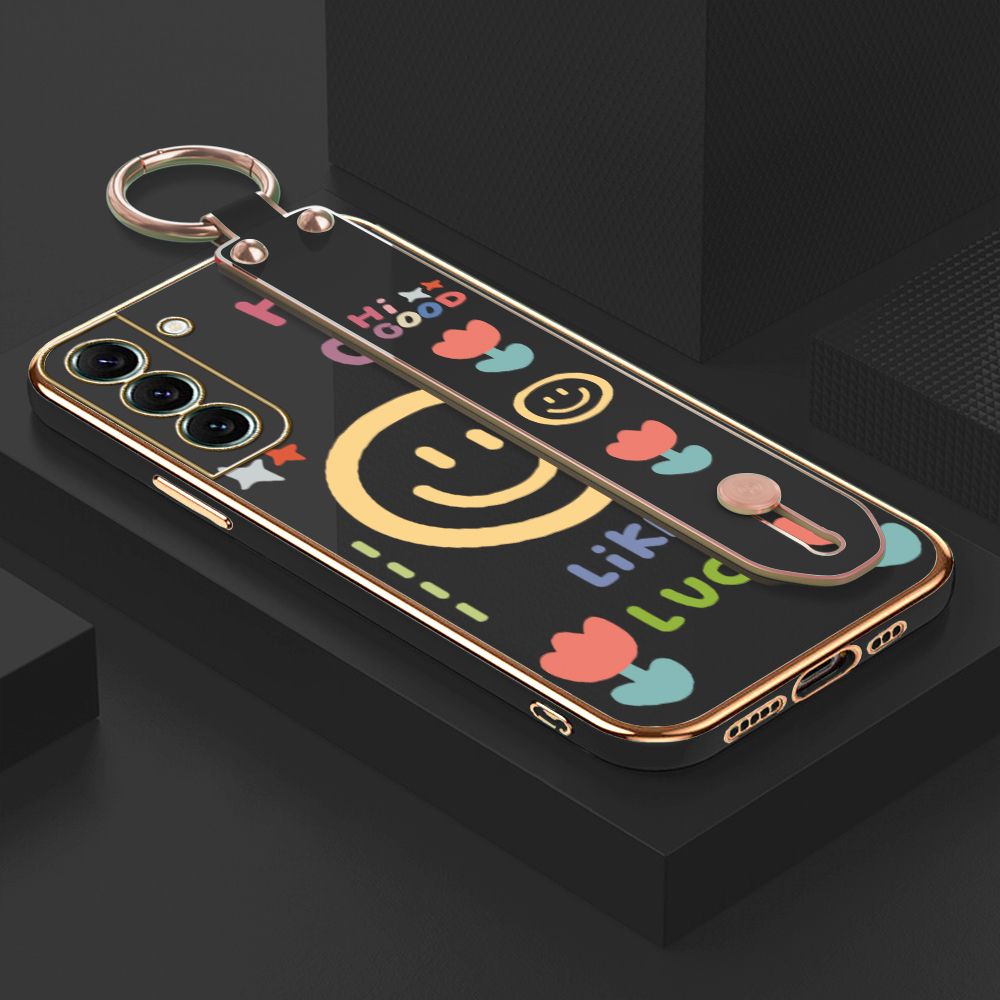 ZeroQiQi for Samsung S22 Plus 5G Wrist Strap Back Cover Flower Smiley Fashion Luxury 6D Plating Soft Casing Silicone Square Frame Phone Case