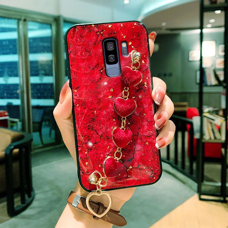 For Samsung Galaxy S9 Plus Back Cover with Love Heart Wristband Chain Fashion Bracelet Marble Glitter Case Soft Silicone Bumper Protective Mobile Phone Cases