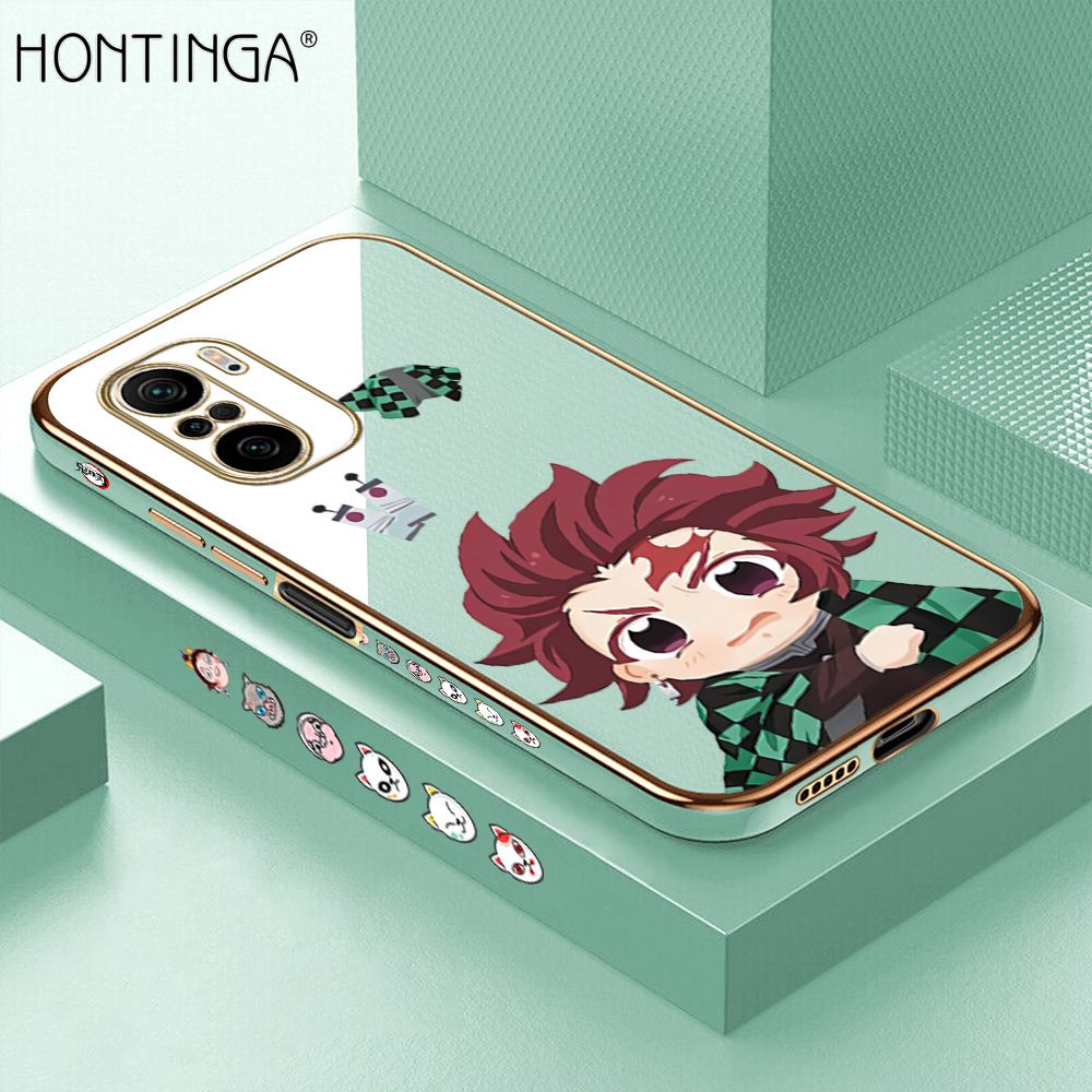 Hontinga for Xiaomi Poco F3 / Mi 11x / Redmi K40 / K40 Pro Case Luxury 6D Plating Soft Casing Silicone Square Frame Phone Cover Shiny Bling Side Print Cartoon Anime Tanjirou Cases