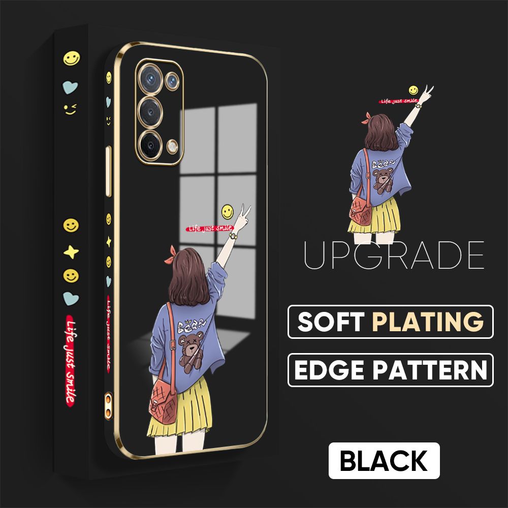 TA for OPPO A74 5G Back Cover + Free Lanyard Happy Girl Luxury 6D Plating Case Side Pattern Soft Silicone Square Phone Cases