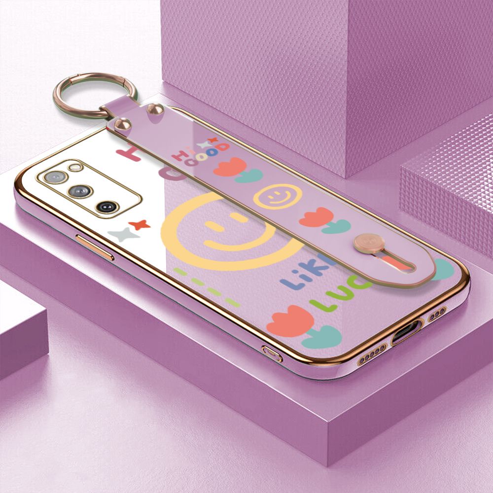 ZeroQiQi for Samsung S20 FE / S20 FE 5G Wrist Strap Back Cover Flower Smiley Fashion Luxury 6D Plating Soft Casing Silicone Square Frame Phone Case