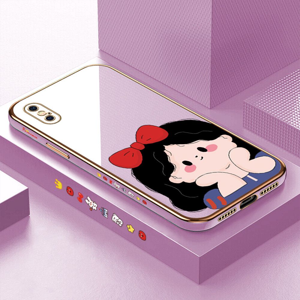 Luxury 6D Plating Soft Casing Silicone Square Frame Phone Case For iPhone XS Case Shiny Bling Back Cover Cartoon Cute Bow Girl Square Edge Pattern Design Soft Case + Free Lanyard