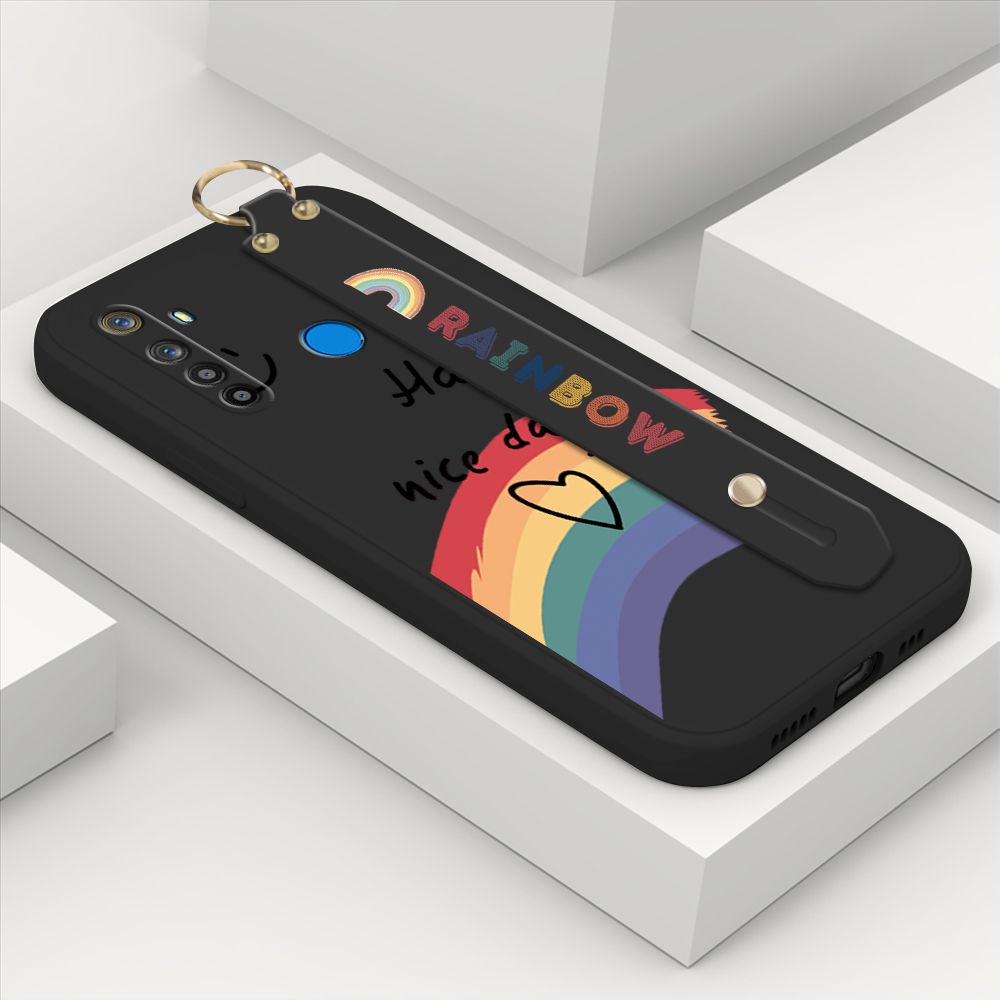 ZeroQiQi for Realme 5i Wrist Strap Case Lovely Graffiti Rainbow Smile Thin Phone Cover Square Edge Liquid Silicone Creativity Phone Case