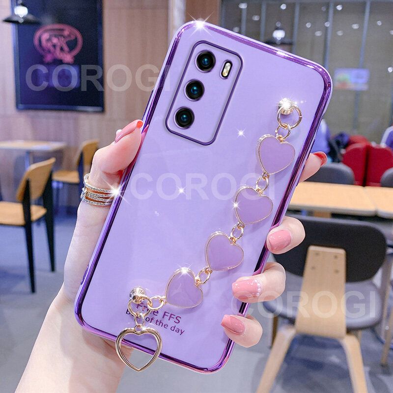 For Xiaomi POCO M3 Cover + Love Heart Bracelet Fashion Shiny Wrist Chain Plating Bumper Slim Phone Case Soft TPU Silicone Shockproof Protective Back Cover