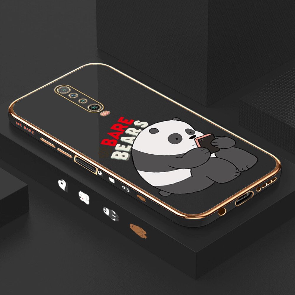 Luxury 6D Plating Case for Redmi K30 Cartoon Panda Side Pattern Back Cover Soft Silicone Square Frame Shiny Bling Phone Cases + Free Lanyard