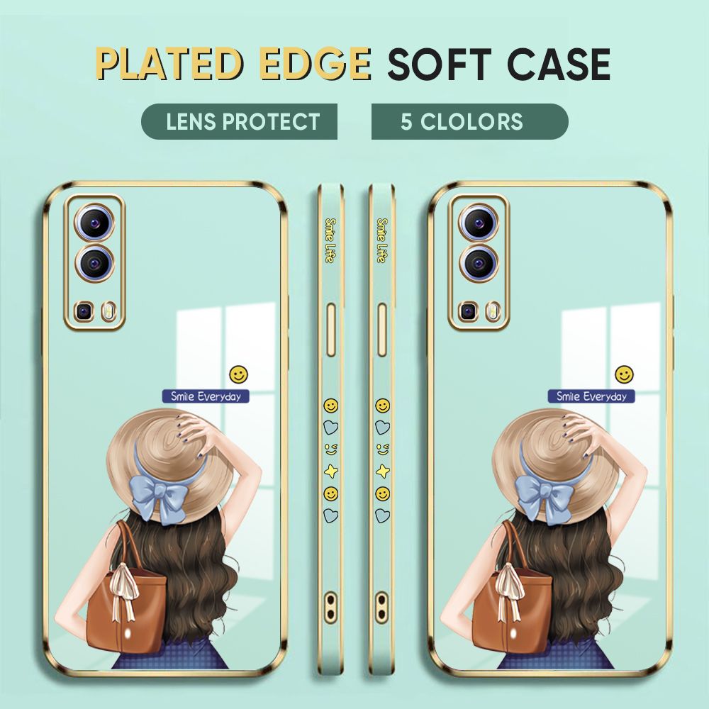 Luxury 6D Plating Case for Vivo Y52 5G Back Cover Cartoon Hat Girl Side Print Soft Silicone Square Phone Cases
