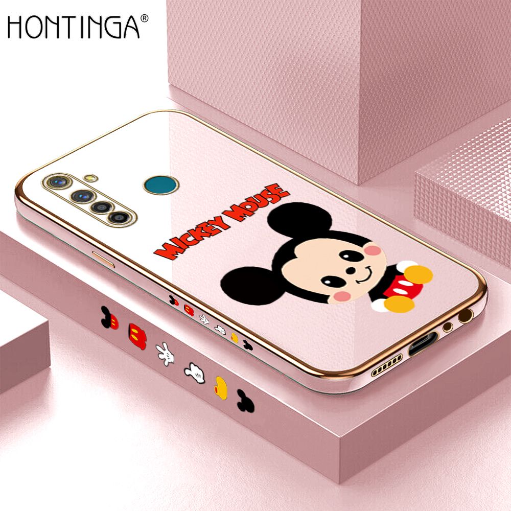 Hontinga for Realme 5 Pro Back Cover + Free Lanyard Luxury 6D Plating Cute Cartoon Mouse Side Pattern Case Soft Silicone Square Mobile Cover