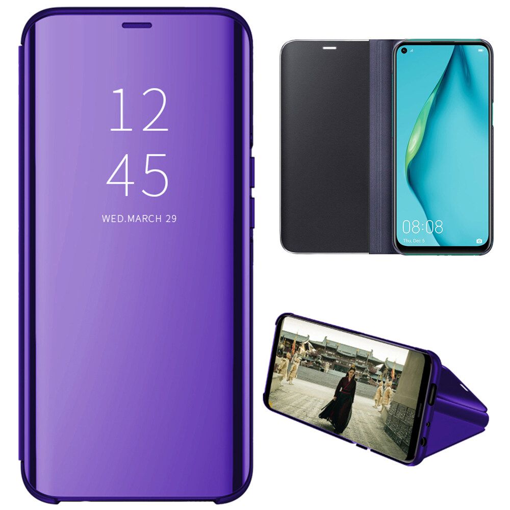 For Huawei P40 Lite Mirror Plating Hard PC -PU Leather Translucent Standing View Case Cover