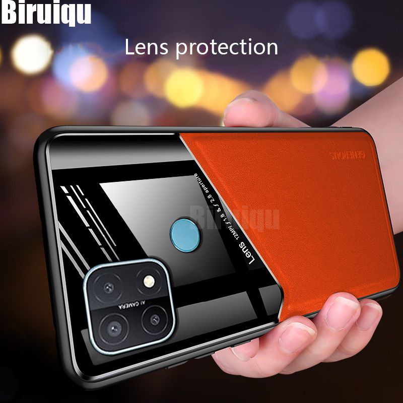 Biruiqu Casing OPPO A15 A15s Phone Case Silicone TPU Soft Ultra-thin Leather Back Cover with Magnetic Car Hold Function