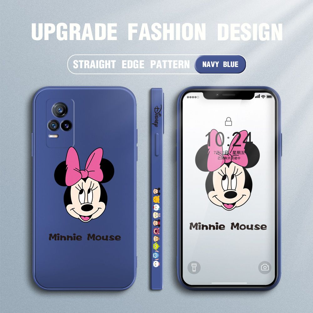 Jizetin for Vivo Y73 2021 Case Minnie Mickey Mouse Design Side Design Phone Case Square Edge Pattern Liquid Silicone Cases Full Cover Camera Shockproof Protective Case
