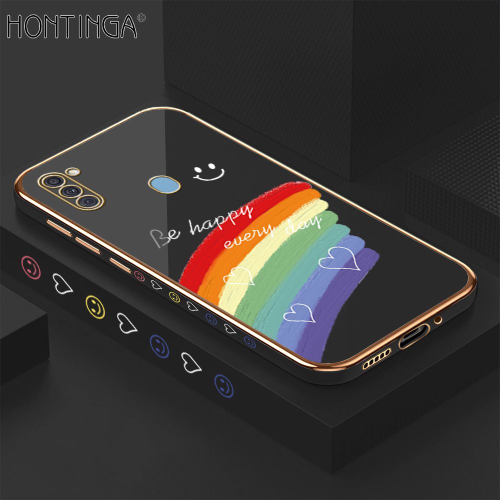Hontinga for Samsung Galaxy A11 M11 Case + Free Lanyard Luxury 6D Plating Smile Rainbow Side Pattern Soft Back Cover Silicone Square Frame Shiny Bling Phone Cover