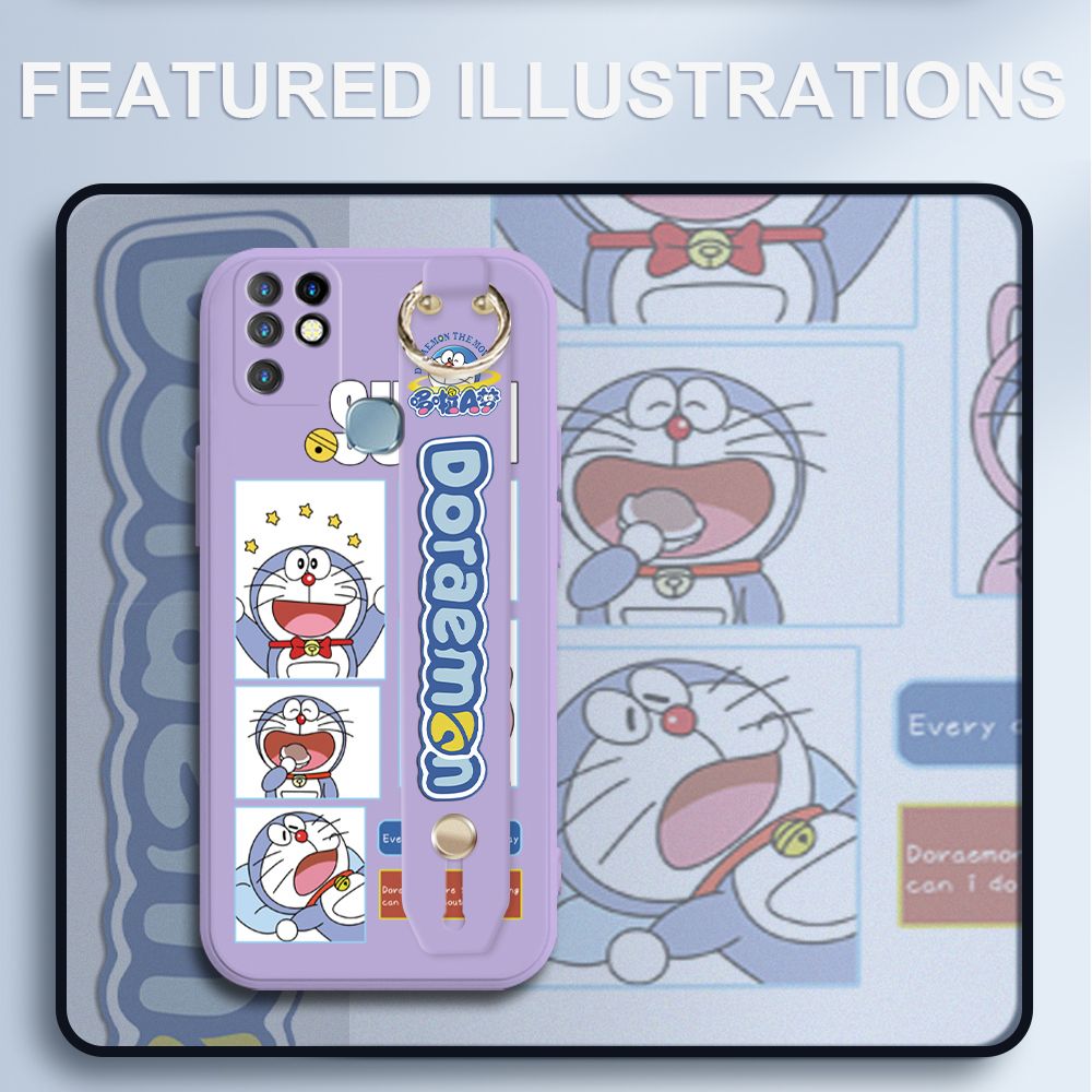 UCUC for Infinix Hot 10 Wrist Strap Case Creative Cartoon Doraemon's Daily Life Cover Ultra Thin Anti Fall Liquid Silicone Phone Case