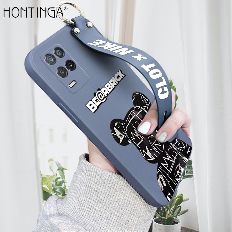 Hontinga for Realme 8 5G Wrist Strap Case Fashion Black Brand Bear Phone Case Square Edge Liquid Silicone Cases Full Cover Camera Shockproof Protection Cases