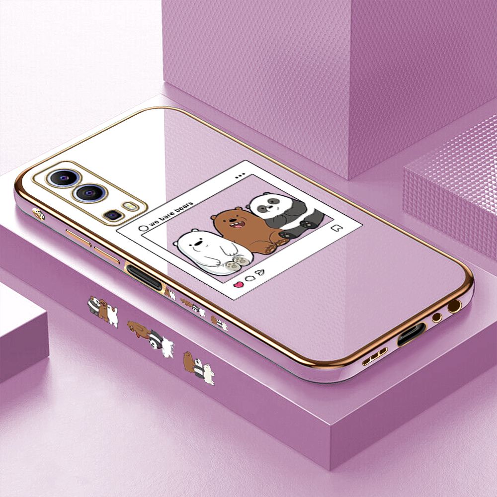 Luxury 6D Plating Case for Vivo Y52 5G Cute Cartoon Anime Bears Side Pattern Back Cover Soft Silicone Square Frame Shiny Bling Phone Cases + Free Lanyard