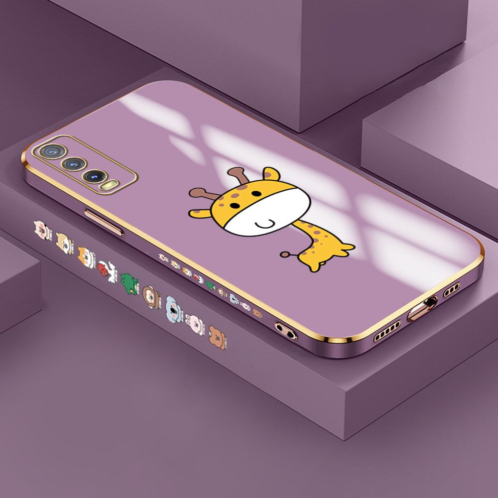 Jizetin (Free Lanyard) Vivo Y20 / Y12A / Y12S / Y20i / Y20SG Case Cute Cartoon Big Head Giraffe Luxury 6D Plating Soft Casing Silicone Ultra Thin Phone Cover