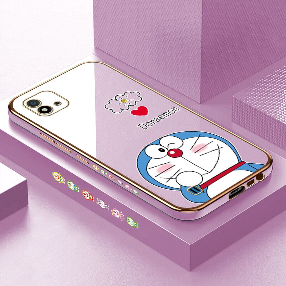 Luxury 6D Plating Case for Realme C11 2021 Cartoon Giggle Meow Side Pattern Back Cover Soft Silicone Square Phone Cases + Free Lanyard
