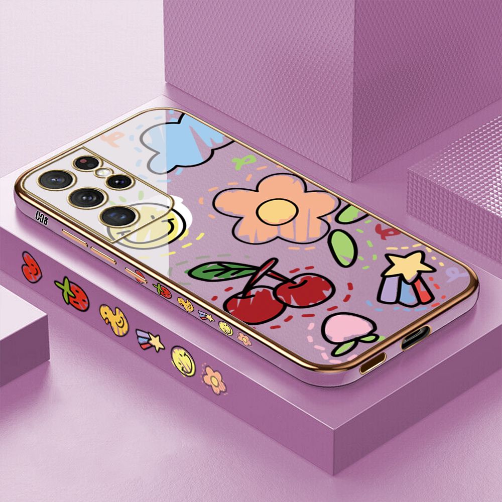 Luxury 6D Plating Case for Samsung S21 Ultra 5G Color Cartoon cherry Peach Side Pattern Back Cover Soft Silicone Square Frame Shiny Bling Phone Cases + Free Lanyard