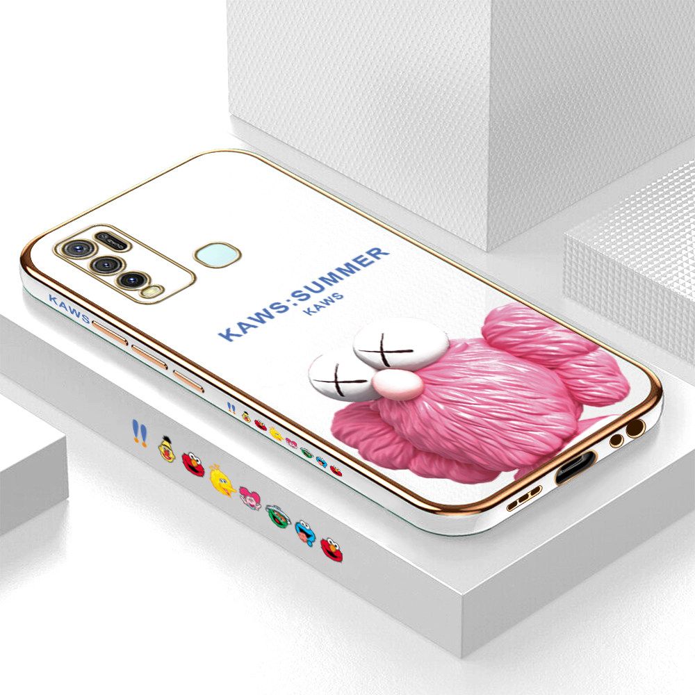 Luxury 6D Plating Soft Casing Silicone Square Frame Phone Case For Vivo Y30 Case Shiny Bling Back Cover Cartoon Pink Doll Square Edge Pattern Design Soft Case + Free Lanyard