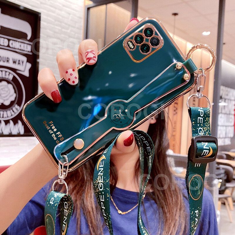 For Realme 8 5G Cover with [Lanyard + Wrist Strap Stand Holder] Ultra Thin Plating Bumper Phone Case Camera Lens Protection Soft TPU Silicone Shockproof Protective Back Cover