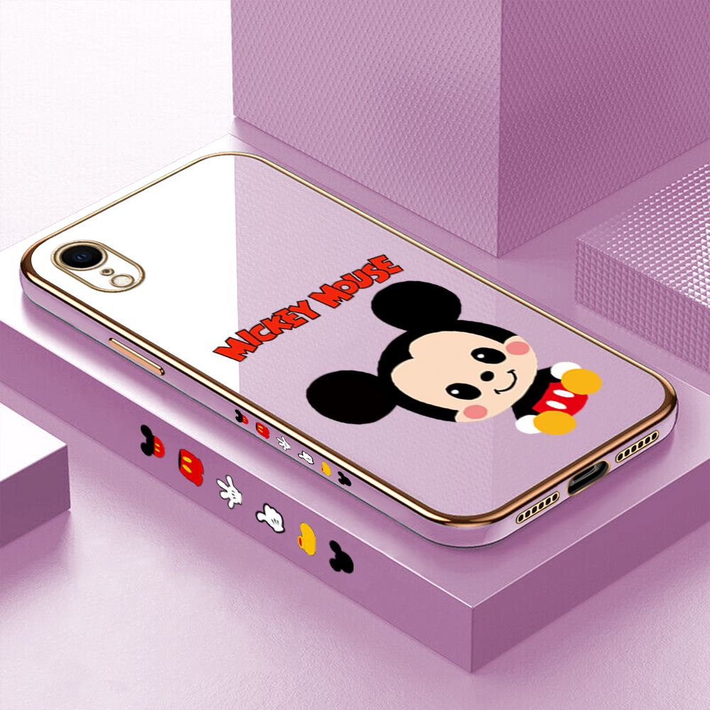 Luxury 6D Plating Case for iPhone XR Cute Cartoon Mouse Side Pattern Back Cover Soft Silicone Square Frame Shiny Bling Phone Cases + Free Lanyard