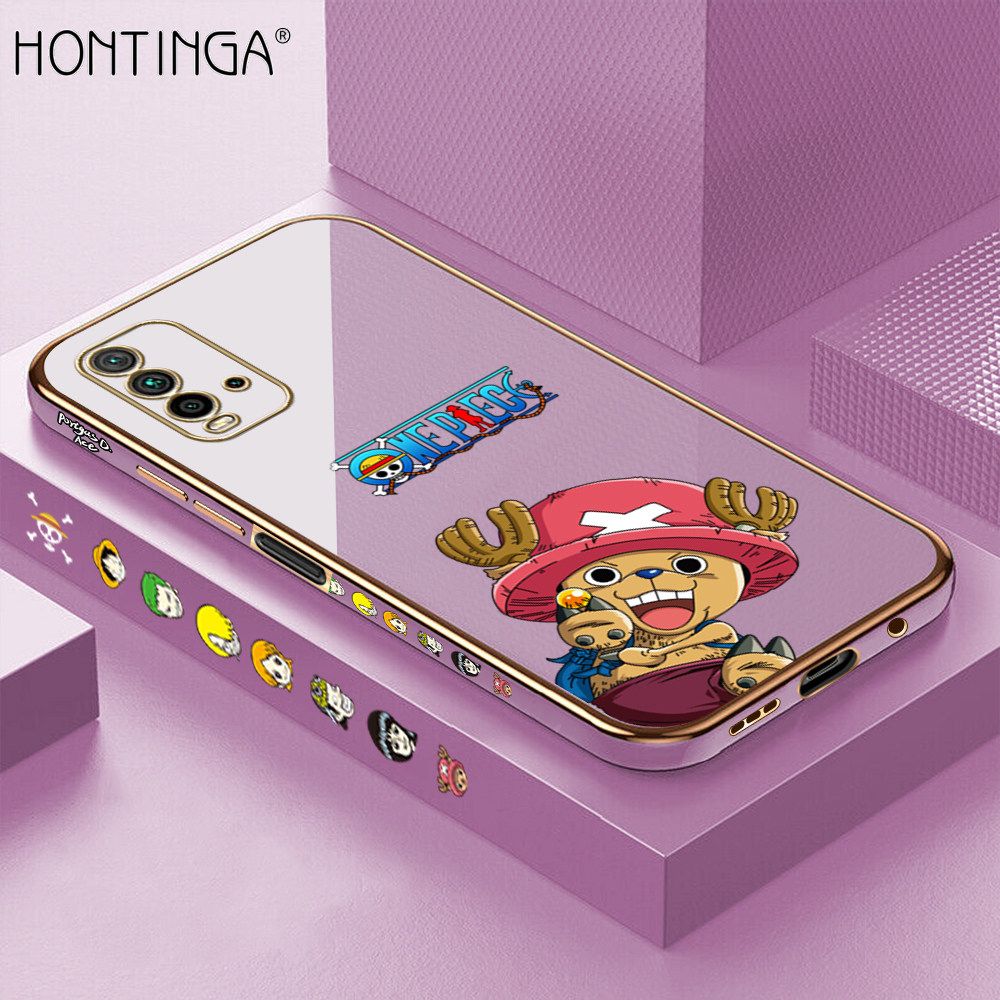 Hontinga for Redmi 9T Back Cover + Free Lanyard Luxury 6D Plating Cute Cartoon Choba Side Pattern Case Soft Silicone Square Mobile Cover