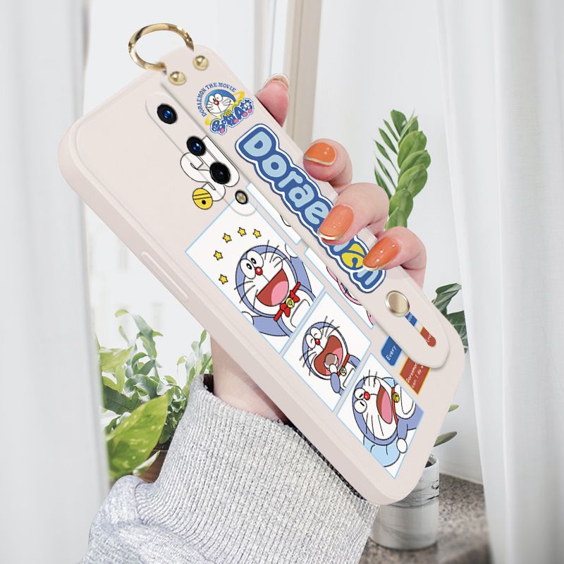 Jizetin for OnePlus 8 Wrist Strap Case Creative Cartoon Doraemon's Daily Life Cover Ultra Thin Anti Fall Liquid Silicone Phone Case