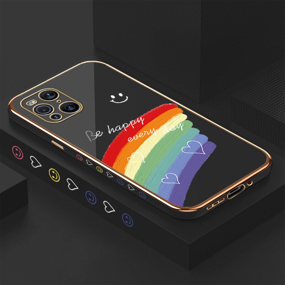 Luxury 6D Plating Case for OPPO Find X3 Smile Rainbow Lover Heart Side Pattern Back Cover Soft Silicone Square Frame Shiny Bling Phone Cases + Free Lanyard