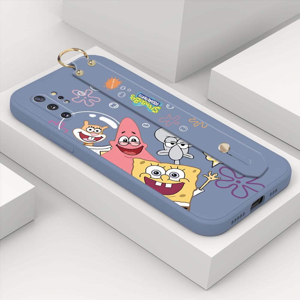 ZeroQiQi for Samsung Galaxy Note 10 Plus Wrist Strap Case Cute Cute Funny Cartoon Sponge for Square Pants Cover Square Edge Liquid Silicone Anti-drop Phone Case