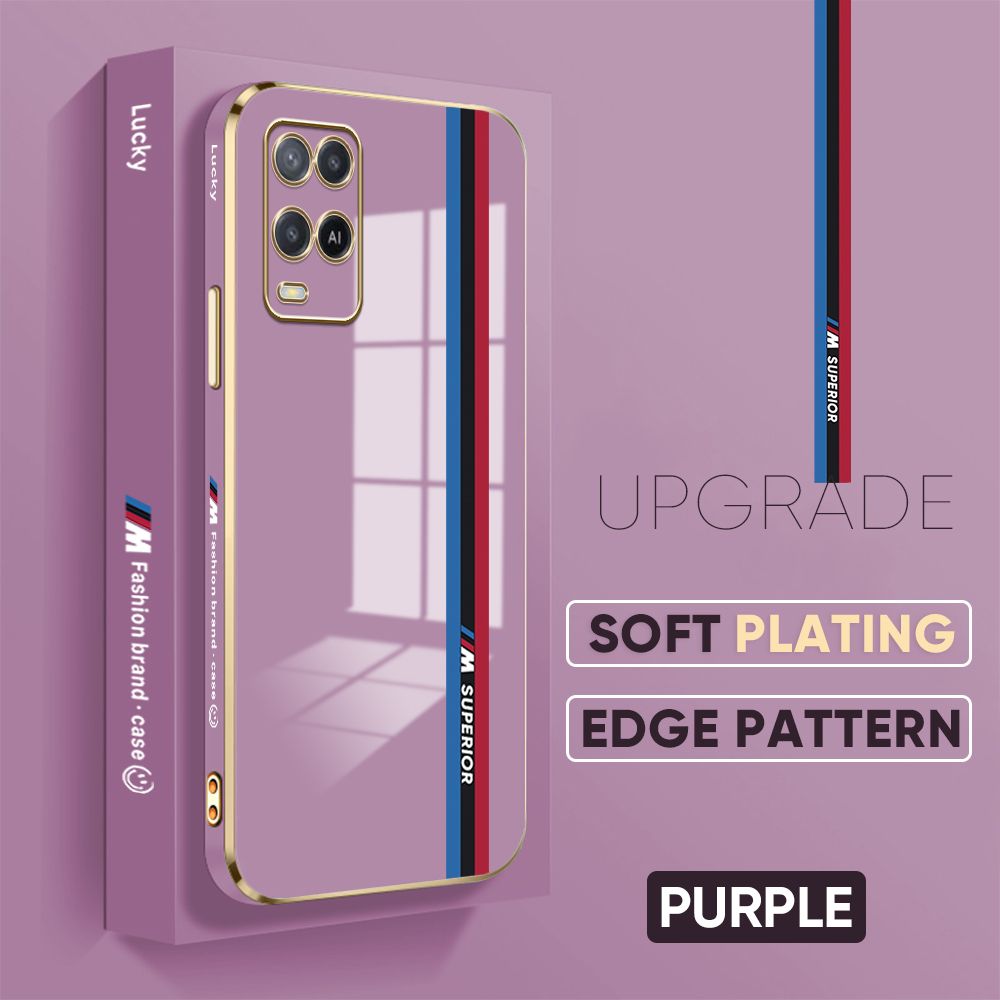 Jizetin (Free Lanyard) OPPO A54 2021 Back Cover Car Track Luxury 6D Plating Case Side Pattern Soft Silicone Square Mobile Phone Cases