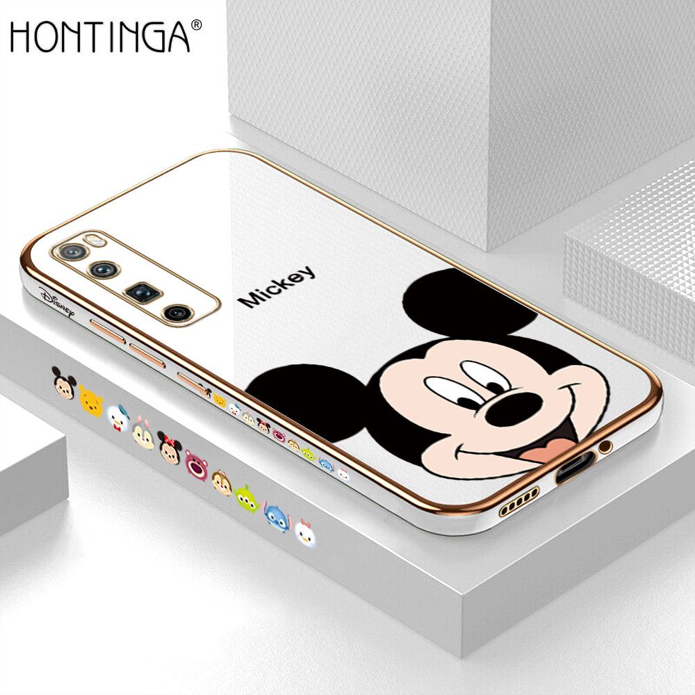 Hontinga for Huawei Nova 7 Pro Back Cover + Free Lanyard Luxury 6D Plating Cartoon Mouse Side Pattern Case Soft Silicone Square Mobile Cover