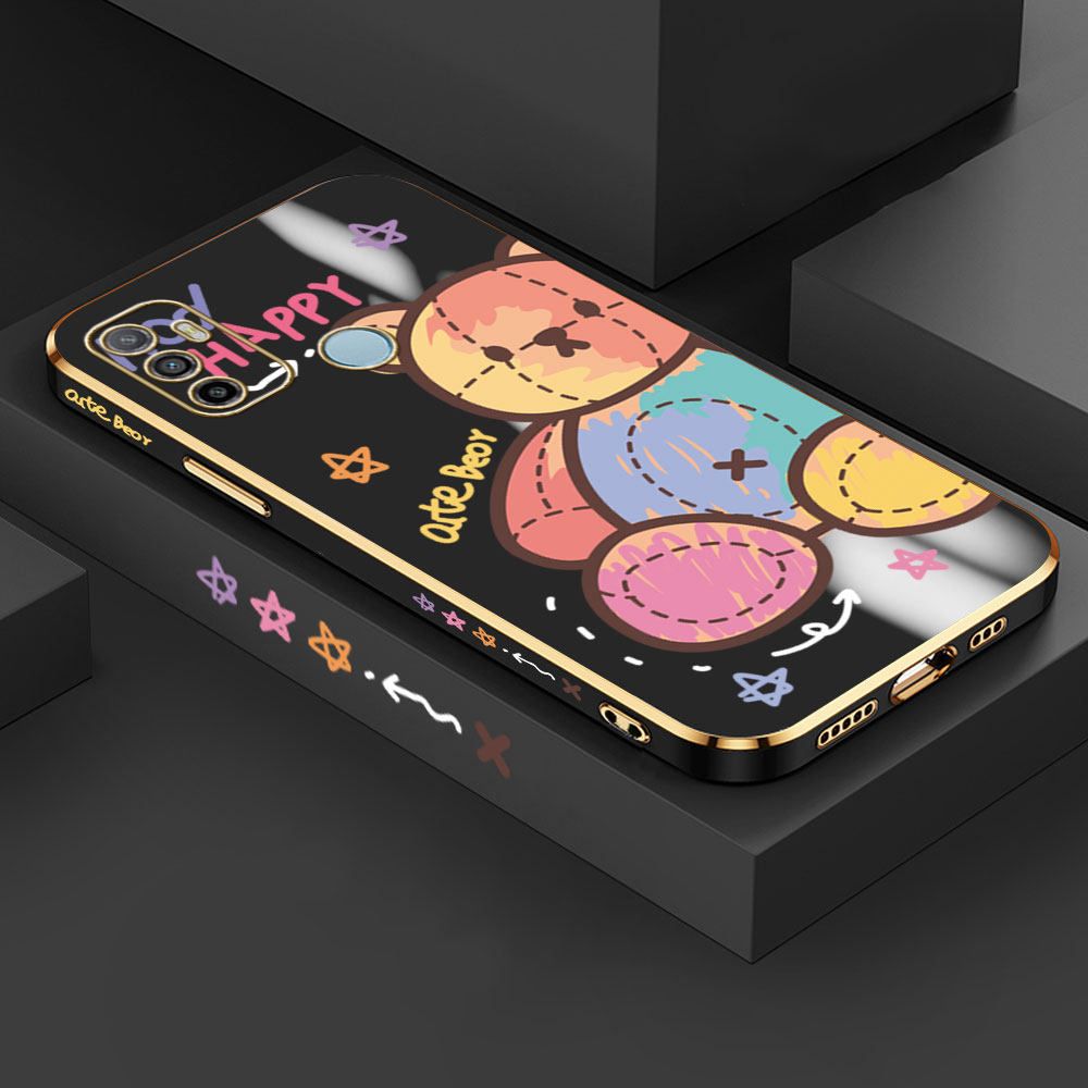 Jizetin (Free Lanyard) OPPO A33 2020 Case Color Doll Bear Luxury 6D Plating Soft Casing Silicone Ultra Thin Phone Cover