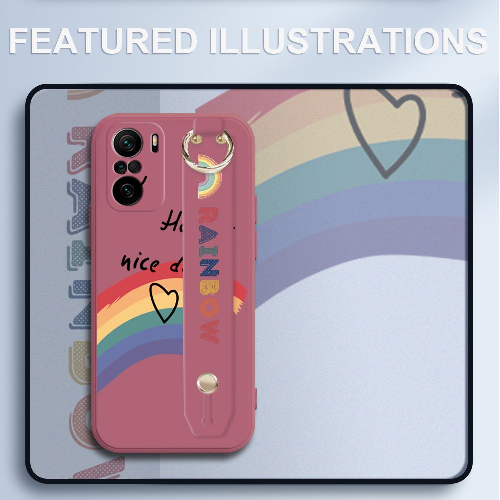 UCUC for Xiaomi Poco F3 Wrist Strap Case INS Style Smile Rainbow Cover Ultra Thin Anti Fall Liquid Silicone Phone Case