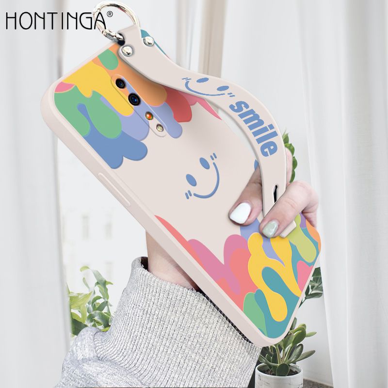 Hontinga for OPPO Reno Z Wrist Strap Case Soft Candy Color Splash Ink Cover Trend Square Printed Pattern Liquid Silicone Phone Case