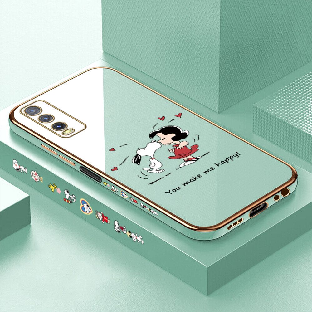 Luxury 6D Plating Case for Vivo Y12S Happy Cartoon Puppy Side Pattern Back Cover Soft Silicone Square Frame Shiny Bling Phone Cases + Free Lanyard
