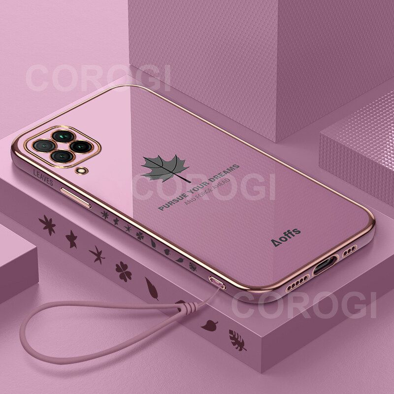 For Samsung Galaxy A12 / M12 Cover + Wrist Strap Fashion Shiny Maple leaf Plating Square Bumper Phone Case Soft TPU Silicone Shockproof Protective Back Cover