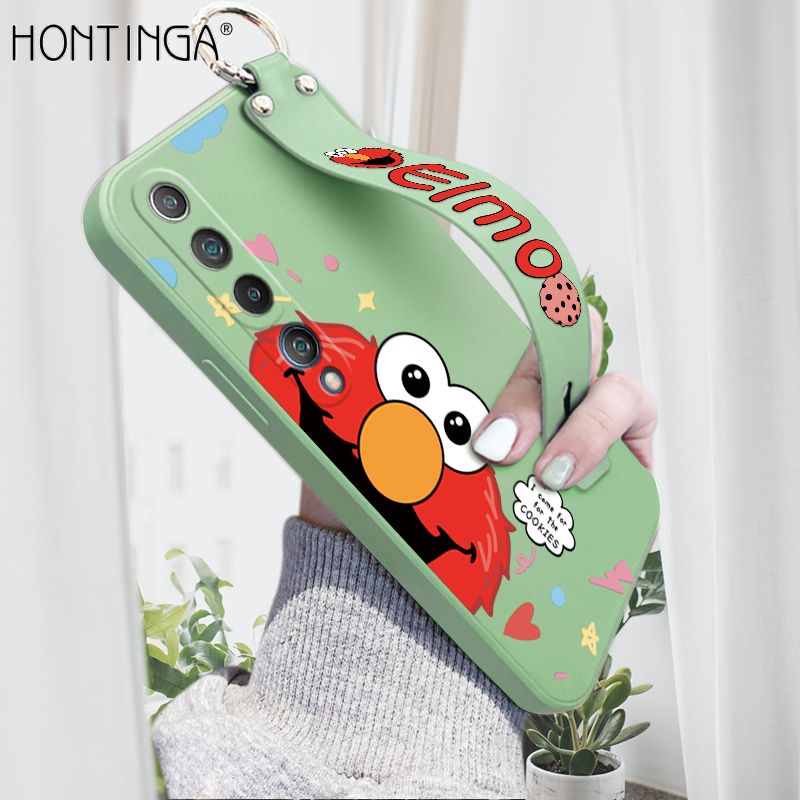 Hontinga for Xiaomi Mi 10 Wrist Strap Case Cute Cute Cartoon Little Monster Phone Cover Square Edge Liquid Silicone Case Full Cover Camera Shockproof Protective Cases