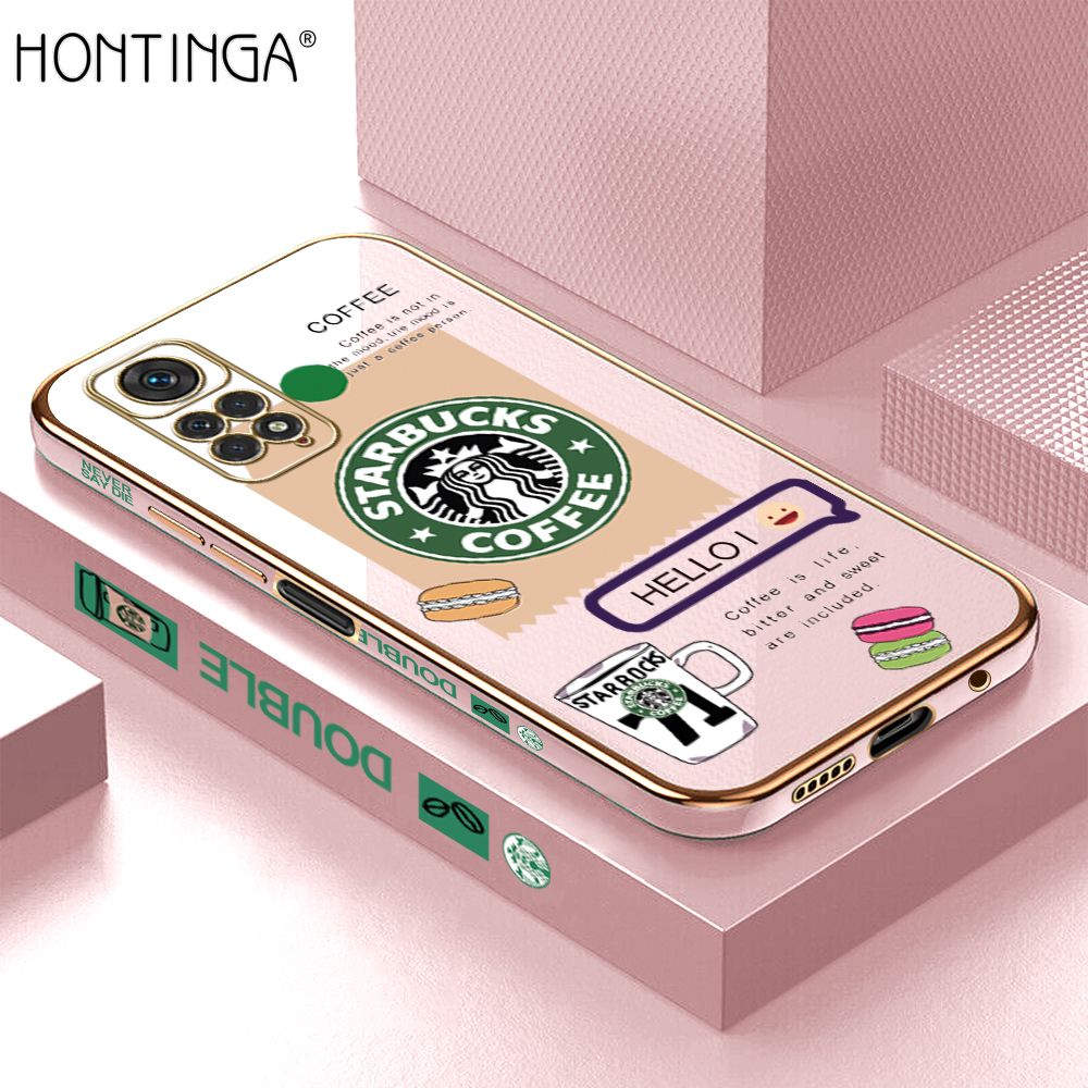 Hontinga for Redmi Note 11/Note 11S Back Cover + Free Lanyard Luxury 6D Plating Fashion Coffee Side Pattern Case Soft Silicone Square Phone Cases