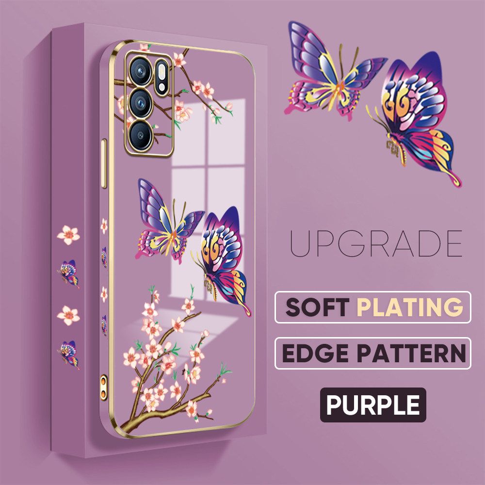 Jizetin (Free Lanyard) OPPO Reno6 5G Back Cover Peach Blossom and Butterfly Luxury 6D Plating Case Side Pattern Soft Silicone Square Mobile Phone Cases