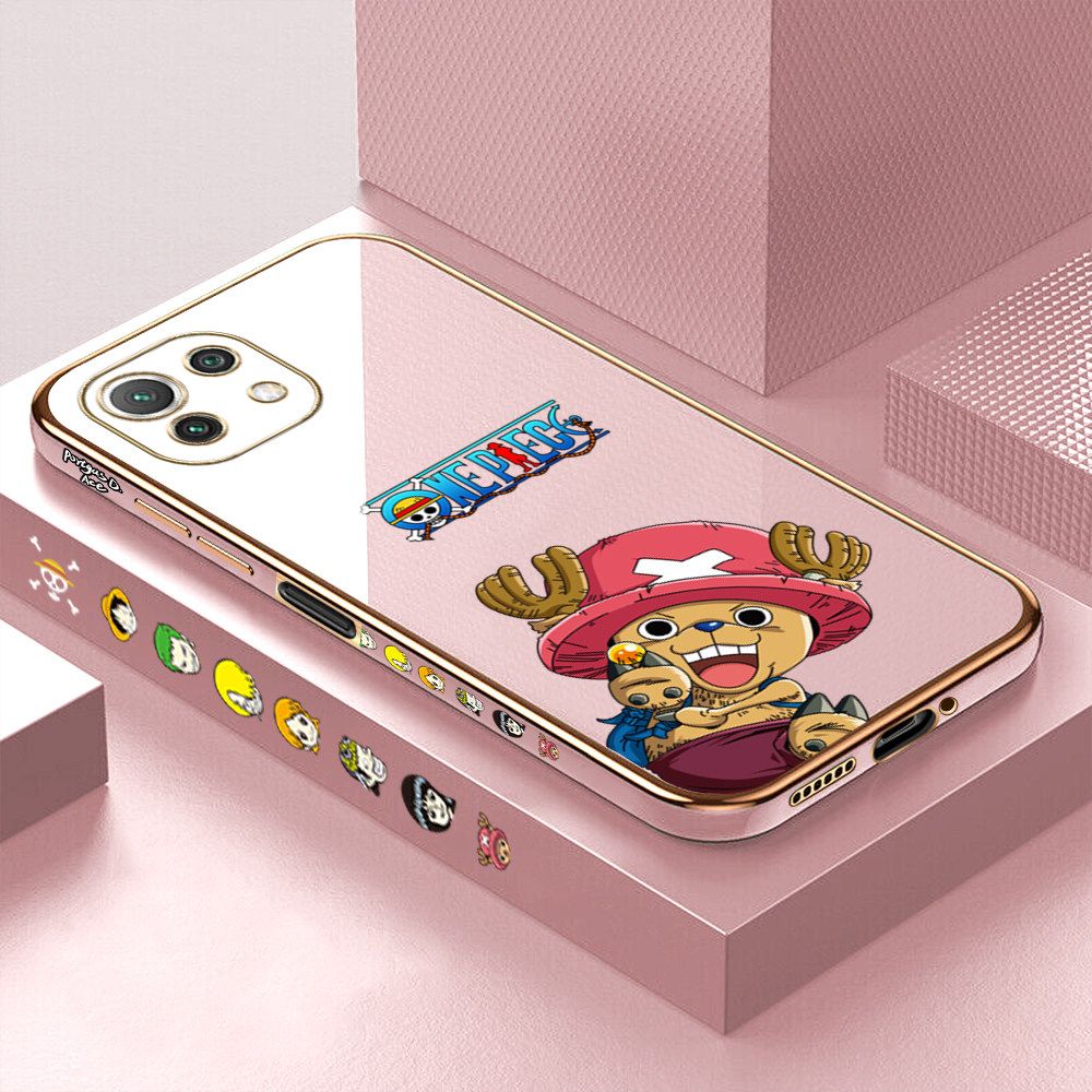 Luxury 6D Plating Case for Xiaomi 11 Lite 5G NE Cartoon Anime Choba Side Pattern Back Cover Soft Silicone Square Frame Shiny Bling Phone Cases + Free Lanyard