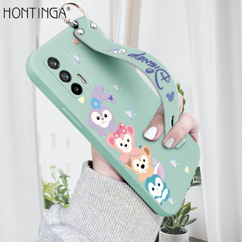 Hontinga for Realme GT 5G Back Cover Wrist Strap Cartoon Rabbit Fox Case Square Printed Pattern Liquid Silicone Phone Cases