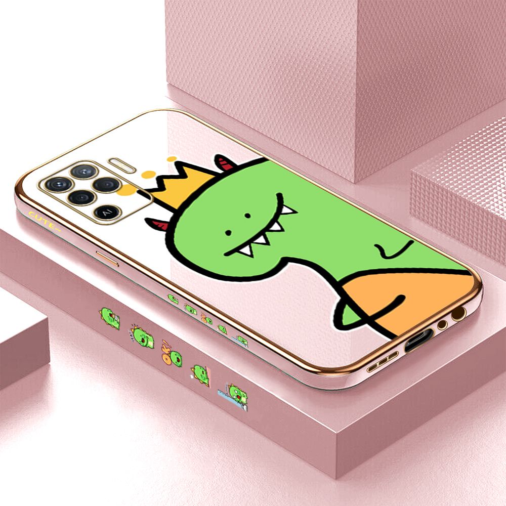 Luxury 6D Plating Case for OPPO F19 Pro A94 Cute Cartoon Crown Dinosaur Side Pattern Back Cover Soft Silicone Square Phone Cases + Free Lanyard