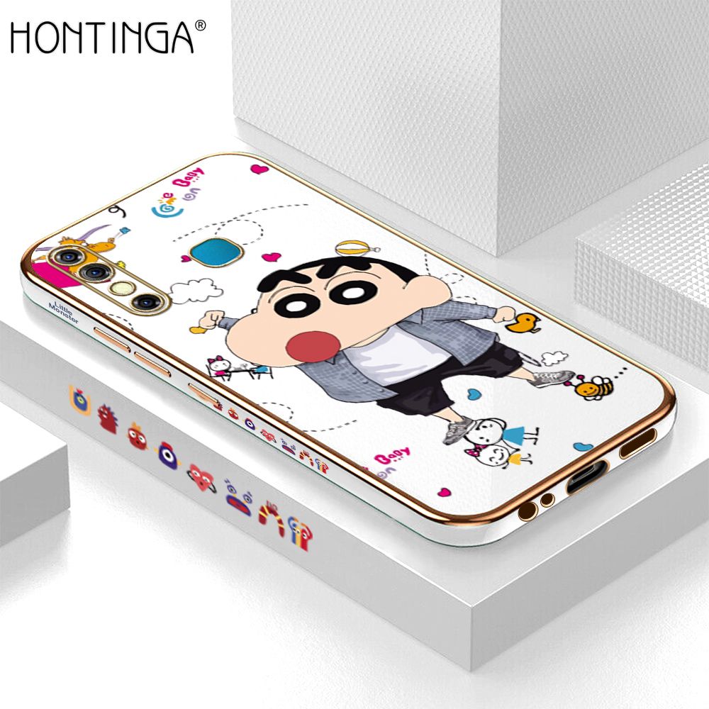 Hontinga for Infinix Hot 8/Hot 8 Pro Back Cover + Free Lanyard Luxury 6D Plating Cartoon Crayon Shin-chan Side Pattern Case Soft Silicone Square Phone Cases