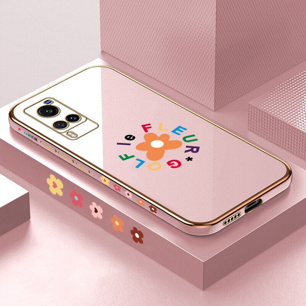 Luxury 6D Plating Case for Vivo X60 Cartoon Flower Side Pattern Back Cover Soft Silicone Square Frame Shiny Bling Phone Cases + Free Lanyard
