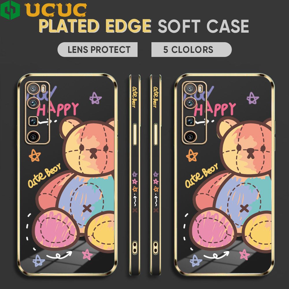 UCUC for Huawei Nova 7 Pro Back Cover + Free Lanyard Colorful Muppet Bear Luxury 6D Plating Case Side Pattern Soft Silicone Square Phone Cases
